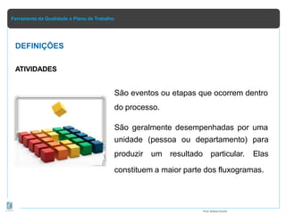 Ferramenta da Qualidade e Plano de Trabalho
DEFINIÇÕES
ATIVIDADES
São eventos ou etapas que ocorrem dentro
do processo.
São geralmente desempenhadas por uma
unidade (pessoa ou departamento)
produzir um resultado particular.
para
Elas
constituem a maior parte dos fluxogramas.
Prof.Rafael Parish
 