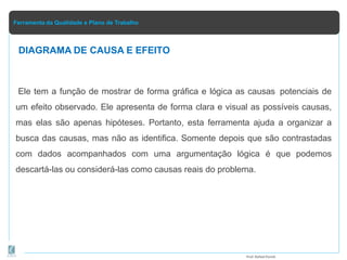 Ferramenta da Qualidade e Plano de Trabalho
DIAGRAMA DE CAUSA E EFEITO
Prof.Rafael Parish
Ele tem a função de mostrar de forma gráfica e lógica as causas potenciais de
um efeito observado. Ele apresenta de forma clara e visual as possíveis causas,
mas elas são apenas hipóteses. Portanto, esta ferramenta ajuda a organizar a
busca das causas, mas não as identifica. Somente depois que são contrastadas
com dados acompanhados com uma argumentação lógica é que podemos
descartá-las ou considerá-las como causas reais do problema.
 