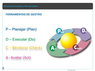 Ferramenta da Qualidade e Plano de Trabalho
P – Planejar (Plan)
D – Executar (Do)
C – Monitorar (Check)
A - Avaliar (Act)
FERRAMENTAS DE GESTÃO
Prof.Rafael Parish
 