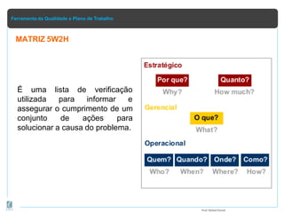 Ferramenta da Qualidade e Plano de Trabalho
É uma
utilizada
lista de verificação
para informar e
assegurar o cumprimento de um
conjunto de ações para
solucionar a causa do problema.
MATRIZ 5W2H
Prof.Rafael Parish
 