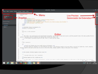 Editor
Menu
Arquivo
Live Preview
Gerenciador de Extensões
 