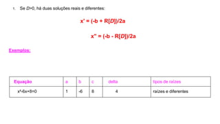 1. Se D>0, há duas soluções reais e diferentes:
x' = (-b + R[D])/2a
x" = (-b - R[D])/2a
Exemplos:
Equação a b c delta tipos de raízes
x²-6x+8=0 1 -6 8 4 raízes e diferentes
 