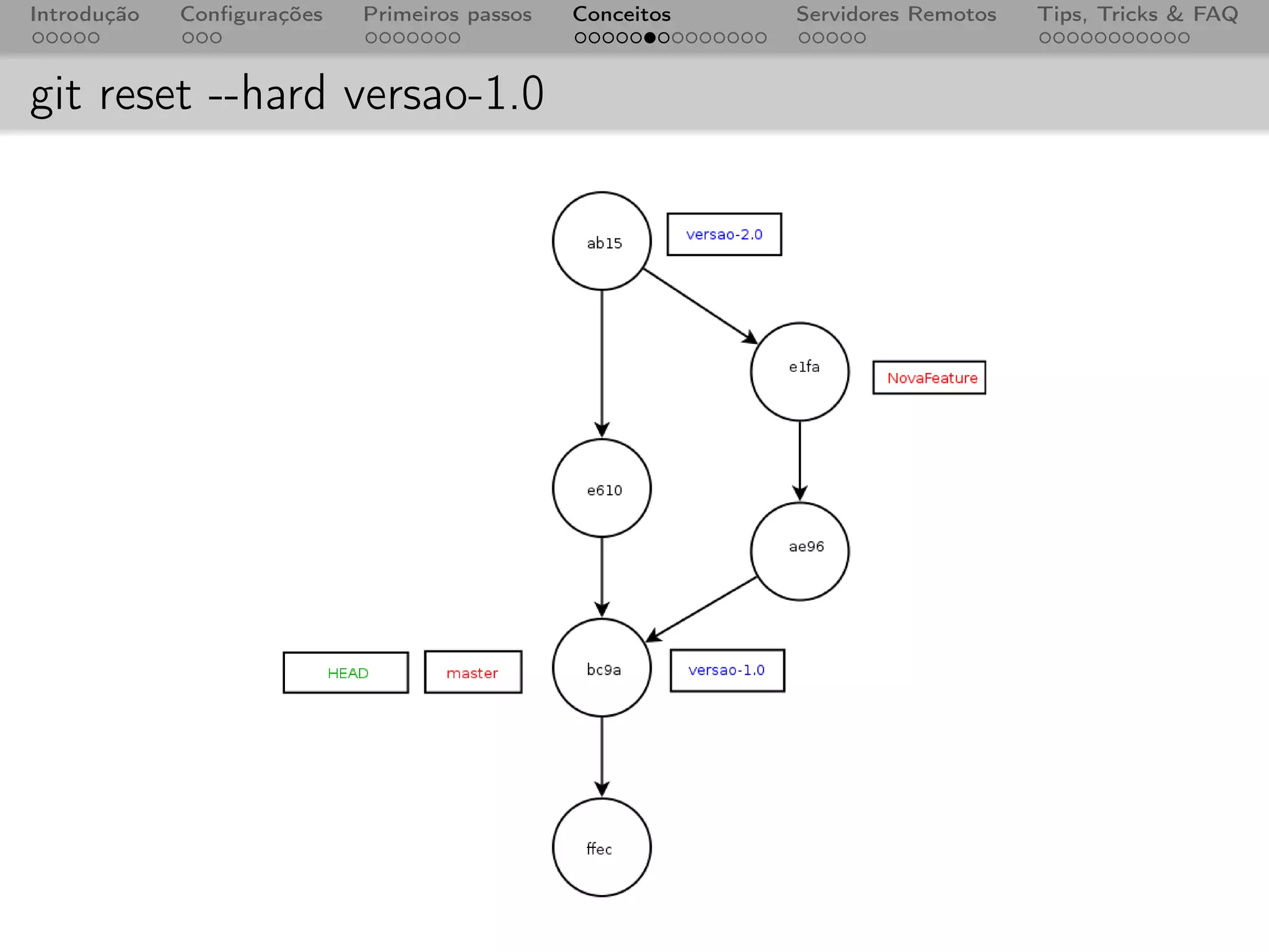 Introdução   Conﬁgurações   Primeiros passos   Conceitos   Servidores Remotos   Tips, Tricks & FAQ



git reset --hard versao-1.0
 
