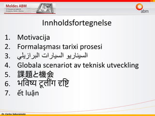 Dr. Carlos Sakuramoto
1. Motivacija
2. Formalaşması tarixi prosesi
3. ‫البرازيلي‬ ‫السيارات‬ ‫السيناريو‬
4. Globala scenariot av teknisk utveckling
5. 課題と機会
6. भविष्य टू ल ींग दृवि
7. ết luận
Innholdsfortegnelse
 