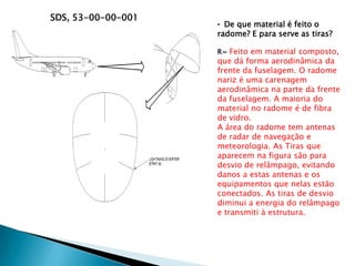 SDS, 53-00-00-001
                    • De que material é feito o
                    radome? E para serve as tiras?

                    R= Feito em material composto,
                    que dá forma aerodinâmica da
                    frente da fuselagem. O radome
                    nariz é uma carenagem
                    aerodinâmica na parte da frente
                    da fuselagem. A maioria do
                    material no radome é de fibra
                    de vidro.
                    A área do radome tem antenas
                    de radar de navegação e
                    meteorologia. As Tiras que
                    aparecem na figura são para
                    desvio de relâmpago, evitando
                    danos a estas antenas e os
                    equipamentos que nelas estão
                    conectados. As tiras de desvio
                    diminui a energia do relâmpago
                    e transmiti à estrutura.
 