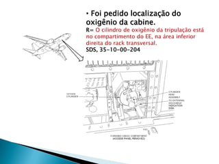• Foi pedido localização do
oxigênio da cabine.
R= O cilindro de oxigênio da tripulação está
no compartimento do EE, na área inferior
direita do rack transversal.
SDS, 35-10-00-204
 