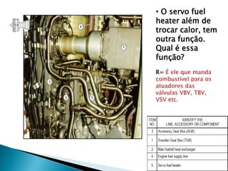 • O servo fuel
heater além de
trocar calor, tem
outra função.
Qual é essa
função?
R= É ele que manda
combustível para os
atuadores das
válvulas VBV, TBV,
VSV etc.
 
