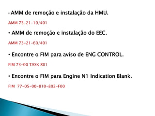 •   AMM de remoção e instalação da HMU.
AMM 73-21-10/401

• AMM de remoção e instalação do EEC.
AMM 73-21-60/401


• Encontre o FIM para aviso de ENG CONTROL.
FIM 73-00 TASK 801


• Encontre o FIM para Engine N1 Indication Blank.
FIM 77-05-00-810-802-F00
 