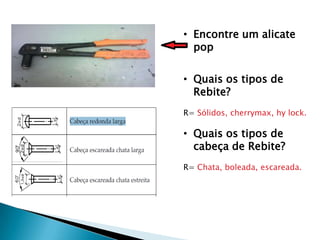 • Encontre um alicate
  pop


• Quais os tipos de
  Rebite?
R= Sólidos, cherrymax, hy lock.

• Quais os tipos de
  cabeça de Rebite?
R= Chata, boleada, escareada.
 