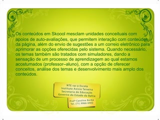 Os conteúdos em Skoool mesclam unidades conceituais com apoios de auto-avaliações, que permitem interação com conteúdos da página, além do envio de sugestões a um correio eletrônico para aprimorar as opções oferecidas pelo sistema. Quando necessário, os temas também são tratados com simuladores, dando a sensação de um processo de aprendizagem ao qual estamos acostumados (professor–aluno), com a opção de oferecer conceitos, análise dos temas e desenvolvimento mais amplo dos conteúdos. 