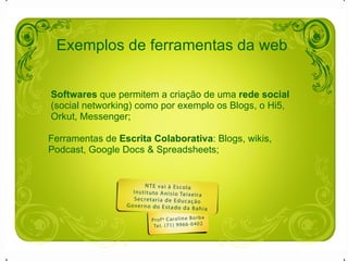 Softwares  que permitem a criação de uma  rede social (social networking) como por exemplo os Blogs, o Hi5, Orkut, Messenger; Ferramentas de  Escrita Colaborativa : Blogs, wikis, Podcast, Google Docs & Spreadsheets; Exemplos de ferramentas da web 