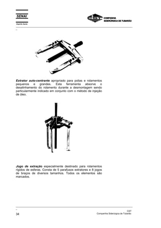 Espírito Santo
_________________________________________________________________________________________________
_
_________________________________________________________________________________________________
_
CST
34 Companhia Siderúrgica de Tubarão
Extrator auto-centrante apropriado para polias e rolamentos
pequenos e grandes. Esta ferramenta absorve o
desalinhamento do rolamento durante a desmontagem sendo
particularmente indicado em conjunto com o método de injeção
de óleo.
Jogo de extração especialmente destinado para rolamentos
rígidos de esferas. Consta de 5 parafusos extratores e 8 jogos
de braços de diversos tamanhos. Todos os elementos são
marcados.
 