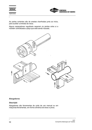 Espírito Santo
_________________________________________________________________________________________________
_
_________________________________________________________________________________________________
_
CST
54 Companhia Siderúrgica de Tubarão
As partes cortantes são de arestas chanfradas junto ao início,
para auxiliar a entrada da rosca.
Alguns espaçadores reguláveis separam os pentes entre si e
mantêm centralizada a peça que está sendo roscada.
Alargadores
Descrição
Alargadores são ferramentas de corte de uso manual ou em
máquinas-ferramentas, em forma cilíndrica de eixos e pinos.
 