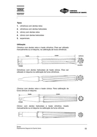 Espírito Santo
_________________________________________________________________________________________________
_
_________________________________________________________________________________________________
_
SENAI
Departamento Regional do Espírito Santo 55
Tipos
1. cilíndricos com dentes retos
2. cilíndricos com dentes helicoidais
3. cônico com dentes retos
4. cônico com dentes helicoidais
5. expansíveis
Utilização
Cilindros com dentes retos e haste cilíndrica. Para ser utilizado
manualmente ou à máquina, na calibração de furos cilíndricos.
Cilíndricos com dentes helicoidais de haste cônica. Para ser
utilizado à máquina na calibração de furos cilíndricos.
Cônicos com dentes retos e haste cônica. Para calibração de
furos cônicos à máquina.
Cônico com dentes helicoidais e haste cilíndrica. Usado
manualmente ou à máquina na calibração de furos cônicos.
 