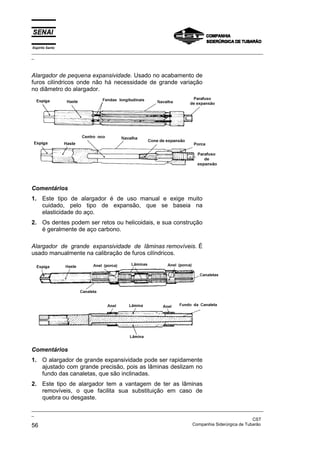 Espírito Santo
_________________________________________________________________________________________________
_
_________________________________________________________________________________________________
_
CST
56 Companhia Siderúrgica de Tubarão
Alargador de pequena expansividade. Usado no acabamento de
furos cilíndricos onde não há necessidade de grande variação
no diâmetro do alargador.
Comentários
1. Este tipo de alargador é de uso manual e exige muito
cuidado, pelo tipo de expansão, que se baseia na
elasticidade do aço.
2. Os dentes podem ser retos ou helicoidais, e sua construção
é geralmente de aço carbono.
Alargador de grande expansividade de lâminas removíveis. É
usado manualmente na calibração de furos cilíndricos.
Comentários
1. O alargador de grande expansividade pode ser rapidamente
ajustado com grande precisão, pois as lâminas deslizam no
fundo das canaletas, que são inclinadas.
2. Este tipo de alargador tem a vantagem de ter as lâminas
removíveis, o que facilita sua substituição em caso de
quebra ou desgaste.
 