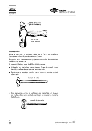 Espírito Santo
_________________________________________________________________________________________________
_
_________________________________________________________________________________________________
_
CST
60 Companhia Siderúrgica de Tubarão
Comentários
Para o seu uso, o Martelo, deve ter o Cabo em Perfeitas
Condições e Bem Preso Através da Cunha.
Por outro lado, deve-se evitar golpear com o cabo do martelo ou
usá-lo como alavanca.
O peso do Martelo varia de 200 a 1000 gramas.
• Utilizado em trabalhos, com chapas finas de metal, como
também na fixação de pregos, grampos, etc.
• Destina-se a serviços gerais, como exemplo: rebitar, extrair
pinos, etc.
• Sua estrutura permite a realização de trabalhos em chapas
de metal, etc.; sem contudo danificar ou marcar o material
trabalhado.
martelo de
pena cruzada
martelo de bola
martelo de borracha
 