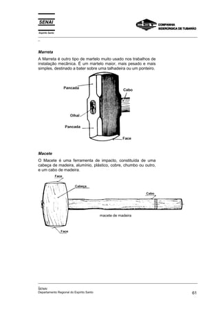 Espírito Santo
_________________________________________________________________________________________________
_
_________________________________________________________________________________________________
_
SENAI
Departamento Regional do Espírito Santo 61
Marreta
A Marreta é outro tipo de martelo muito usado nos trabalhos de
instalação mecânica. É um martelo maior, mais pesado e mais
simples, destinado a bater sobre uma talhadeira ou um ponteiro.
Macete
O Macete é uma ferramenta de impacto, constituída de uma
cabeça de madeira, alumínio, plástico, cobre, chumbo ou outro,
e um cabo de madeira.
macete de madeira
 