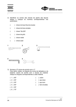 Espírito Santo
_________________________________________________________________________________________________
_
_________________________________________________________________________________________________
_
CST
64 Companhia Siderúrgica de Tubarão
2) Identificar os nomes das chaves de aperto das figuras
abaixo e coloque os números correspondentes nos
parênteses:
( ) chave de boca fixa de encaixe
( ) chave de boca simples
( ) chave “ALLEN”
( ) chave de grifo
( ) chave radial
( ) chave axial
1 2 3
4 5
3) Numere a 2ª coluna de acordo com a 1ª
Para talhar metais, os ângulos de cunha da talhadeira e do
bedame variam de acordo com a dureza do material.
Indique os ângulos correspondentes a cada material.
( 1 ) 80º ( ) cobre
( 2 ) 65º ( ) aço doce
( 3 ) 55º ( ) aço duro
( 4 ) 60º ( ) ferro fundido
( 5 ) 50º
( 6 ) 70º
 