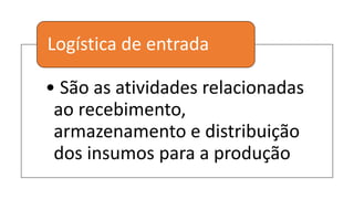 • São as atividades relacionadas
ao recebimento,
armazenamento e distribuição
dos insumos para a produção
Logística de entrada
 