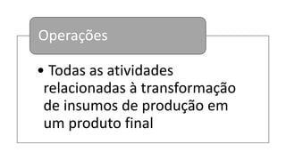 • Todas as atividades
relacionadas à transformação
de insumos de produção em
um produto final
Operações
 