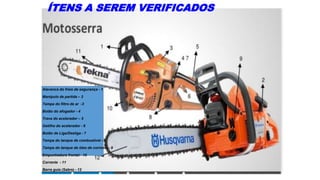 ÍTENS A SEREM VERIFICADOS
Alavanca do freio de segurança - 1
Manipulo de partida – 2
Tampa do filtro de ar -3
Botão do afogador - 4
Trava do acelerador – 5
Gatilho do acelerador - 6
Botão de Liga/Desliga - 7
Tampa do tanque de combustível - 8
Tampa do tanque de óleo de corrente - 9
Empunhadura frontal - 10
Corrente - 11
Barra guia (Sabre) - 12
 
