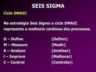 SEIS SIGMA
Ciclo DMAIC
Na estratégia Seis Sigma o ciclo DMAIC
representa a melhoria contínua dos processos.
D – Define (Definir)
M – Measure (Medir)
A – Analyze (Analisar)
l – Improve (Melhorar)
C – Control (Controlar)
 