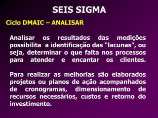 SEIS SIGMA
Ciclo DMAIC – ANALISAR
Analisar os resultados das medições
possibilita a identificação das “lacunas”, ou
seja, determinar o que falta nos processos
para atender e encantar os clientes.
Para realizar as melhorias são elaborados
projetos ou planos de ação acompanhados
de cronogramas, dimensionamento de
recursos necessários, custos e retorno do
investimento.
 