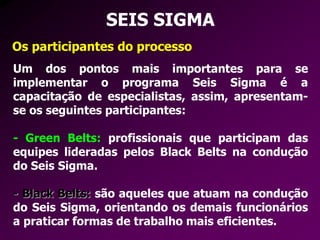 SEIS SIGMA
Os participantes do processo
Um dos pontos mais importantes para se
implementar o programa Seis Sigma é a
capacitação de especialistas, assim, apresentam-
se os seguintes participantes:
- Green Belts: profissionais que participam das
equipes lideradas pelos Black Belts na condução
do Seis Sigma.
- Black Belts: são aqueles que atuam na condução
do Seis Sigma, orientando os demais funcionários
a praticar formas de trabalho mais eficientes.
 