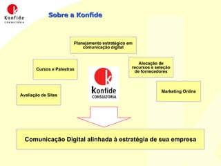 Sobre a Konfide Planejamento estratégico em comunicação digital Cursos e Palestras Alocação de recursos e seleção de fornecedores Avaliação de Sites Marketing Online Comunicação Digital alinhada à estratégia de sua empresa 