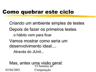 03/04/2003
VI Semana da
Computação
Como quebrar este ciclo
Criando um ambiente simples de testes
Depois de fazer os primeiros testes
o hábito vem para ficar
Vamos mostrar como seria um
desenvolvimento ideal....
Através do JUnit...
Mas, antes uma visão geral:
 
