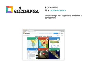 EDCANVAS
Link: edcanvas.com

Um único lugar para organizar e apresentar o
conhecimento
 