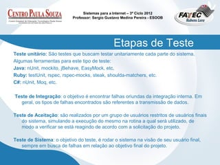 Sistemas para a Internet – 3º Ciclo 2012
                           Professor: Sergio Gustavo Medina Pereira - ESOOB




                                                Etapas de Teste
Teste unitário: São testes que buscam testar unitariamente cada parte do sistema.
Algumas ferramentas para este tipo de teste:
Java: nUnit, mockito, jBehave, EasyMock, etc.
Ruby: testUnit, rspec, rspec-mocks, steak, shoulda-matchers, etc.
C#: nUnit, Moq, etc.

Teste de Integração: o objetivo é encontrar falhas oriundas da integração interna. Em
  geral, os tipos de falhas encontrados são referentes a transmissão de dados.

Teste de Aceitação: são realizados por um grupo de usuários restritos de usuários finais
   do sistema, simulando a execução do mesmo na rotina a qual será utilizado, de
   modo a verificar se está reagindo de acordo com a solicitação do projeto.

Teste de Sistema: o objetivo do teste, é rodar o sistema na visão de seu usuário final,
   sempre em busca de falhas em relação ao objetivo final do projeto.
 