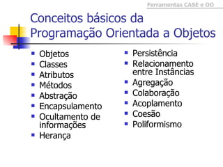Conceitos básicos da Programação Orientada a Objetos Objetos Classes Atributos Métodos Abstração Encapsulamento Ocultamento de informações Herança Persistência Relacionamento entre Instâncias Agregação Colaboração Acoplamento Coesão Poliformismo 