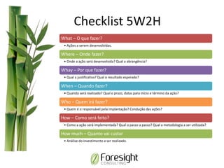 Checklist 5W2H
What – O que fazer?
• Ações a serem desenvolvidas.
Where – Onde fazer?
• Onde a ação será desenvolvida? Qual a abrangência?
Whay – Por que fazer?
• Qual a justificativa? Qual o resultado esperado?
When – Quando fazer?
• Quando será realizado? Qual o prazo, datas para início e término da ação?
Who – Quem irá fazer?
• Quem é o responsável pela implantação? Condução das ações?
How – Como será feito?
• Como a ação será implementada? Qual o passo a passo? Qual a metodologia a ser utilizada?
How much – Quanto vai custar
• Análise do investimento a ser realizado.
 