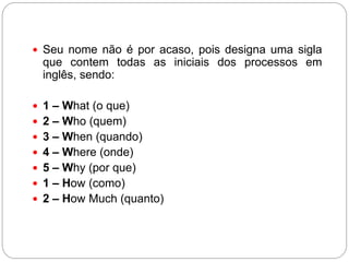  Seu nome não é por acaso, pois designa uma sigla
 que contem todas as iniciais dos processos em
 inglês, sendo:

 1 – What (o que)
 2 – Who (quem)
 3 – When (quando)
 4 – Where (onde)
 5 – Why (por que)
 1 – How (como)
 2 – How Much (quanto)
 