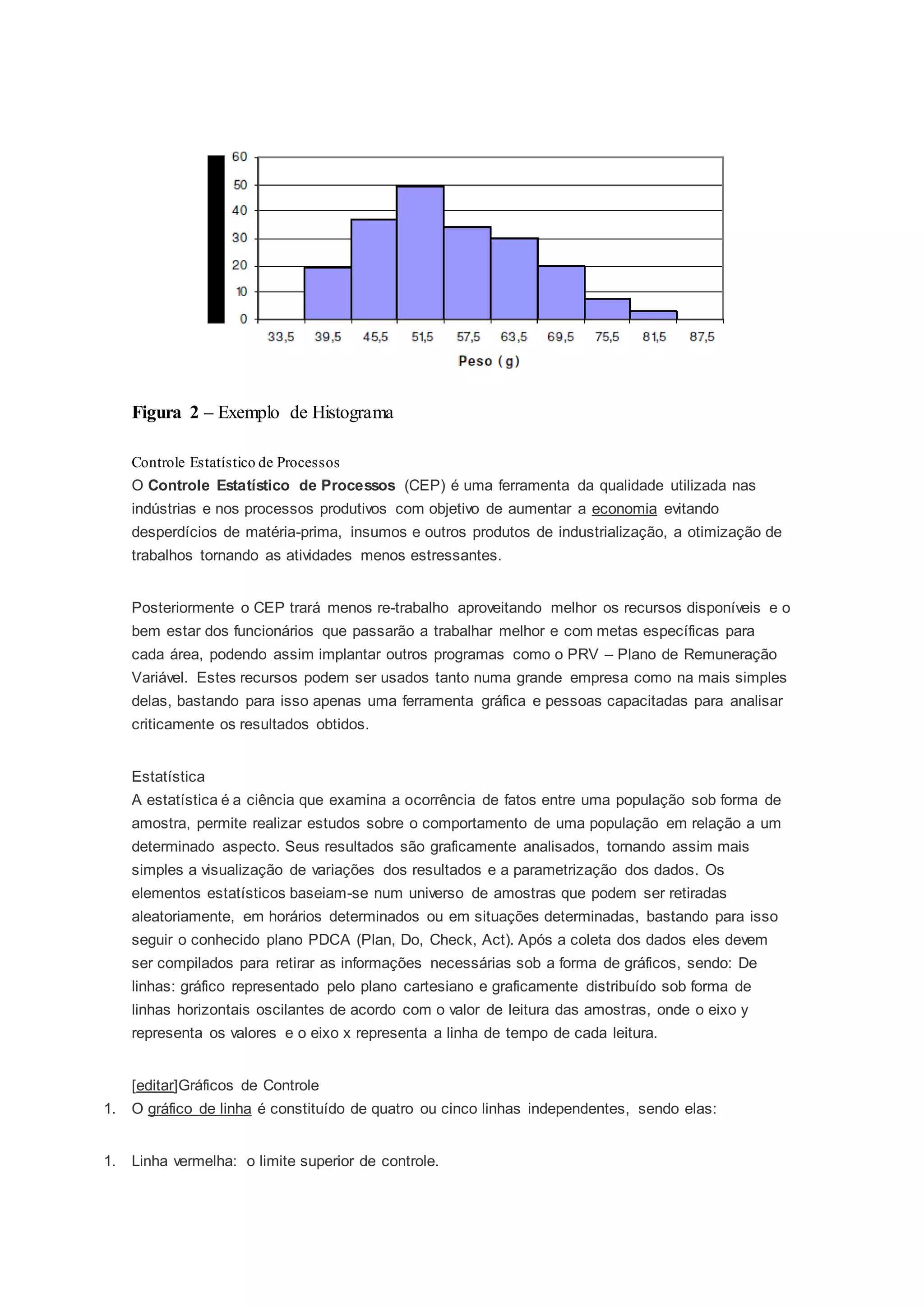 Figura 2 – Exemplo de Histograma 
Controle Estatístico de Processos 
O Controle Estatístico de Processos (CEP) é uma ferramenta da qualidade utilizada nas 
indústrias e nos processos produtivos com objetivo de aumentar a economia evitando 
desperdícios de matéria-prima, insumos e outros produtos de industrialização, a otimização de 
trabalhos tornando as atividades menos estressantes. 
Posteriormente o CEP trará menos re-trabalho aproveitando melhor os recursos disponíveis e o 
bem estar dos funcionários que passarão a trabalhar melhor e com metas específicas para 
cada área, podendo assim implantar outros programas como o PRV – Plano de Remuneração 
Variável. Estes recursos podem ser usados tanto numa grande empresa como na mais simples 
delas, bastando para isso apenas uma ferramenta gráfica e pessoas capacitadas para analisar 
criticamente os resultados obtidos. 
Estatística 
A estatística é a ciência que examina a ocorrência de fatos entre uma população sob forma de 
amostra, permite realizar estudos sobre o comportamento de uma população em relação a um 
determinado aspecto. Seus resultados são graficamente analisados, tornando assim mais 
simples a visualização de variações dos resultados e a parametrização dos dados. Os 
elementos estatísticos baseiam-se num universo de amostras que podem ser retiradas 
aleatoriamente, em horários determinados ou em situações determinadas, bastando para isso 
seguir o conhecido plano PDCA (Plan, Do, Check, Act). Após a coleta dos dados eles devem 
ser compilados para retirar as informações necessárias sob a forma de gráficos, sendo: De 
linhas: gráfico representado pelo plano cartesiano e graficamente distribuído sob forma de 
linhas horizontais oscilantes de acordo com o valor de leitura das amostras, onde o eixo y 
representa os valores e o eixo x representa a linha de tempo de cada leitura. 
[editar]Gráficos de Controle 
1. O gráfico de linha é constituído de quatro ou cinco linhas independentes, sendo elas: 
1. Linha vermelha: o limite superior de controle. 
 