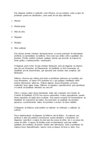 Este diagrama também é conhecido como 6M pois, em sua estrutura, todos os tipos de 
problemas podem ser classificados como sendo de seis tipos diferentes: 
1. Método 
2. Matéria-prima 
3. Mão-de-obra 
4. Máquinas 
5. Medição 
6. Meio ambiente 
Este sistema permite estruturar hierarquicamente as causas potenciais de determinado 
problema ou oportunidade de melhoria, bem como seus efeitos sobre a qualidade dos 
produtos. Permite também estruturar qualquer sistema que necessite de resposta de 
forma gráfica e sintética(melhor visualização). 
O diagrama pode evoluir de uma estrutura hierárquica para um diagrama de relações, 
uma das sete ferramentas do Planejamento da Qualidade ou Sete Ferramentas da 
Qualidade por ele desenvolvidas, que apresenta uma estrutura mais complexa, não 
hierárquica. 
Ishikawa observou que embora nem todos os problemas pudessem ser resolvidos por 
essas ferramentas, ao menos 95% poderiam ser, e que qualquer trabalhador fabril 
poderia efetivamente utilizá-las. Embora algumas dessas ferramentas já fossem 
conhecidas havia algum tempo, Ishikawa as organizou especificamente para aperfeiçoar 
o Controle de Qualidade Industrial nos anos 60. 
Talvez o alcance maior dessas ferramentas tenha sido a instrução dos Círculos de 
Controle de Qualidade (CCQ). Seu sucesso surpreendeu a todos, especialmente quando 
foram exportados do Japão para o ocidente. Esse aspecto essencial do Gerenciamento da 
Qualidade foi responsável por muitos dos acréscimos na qualidade dos produtos 
japoneses, e posteriormente muitos dos produtos e serviços de classe mundial. 
O Diagrama de Ishikawa pode também ser utilizado na verificação e validação de 
software. 
Para a implementação do diagrama de Ishikawa não há limites. As empresas que 
preferem ir além dos padrões convencionais podem identificar e demonstrar em 
diagramas específicos a origem de cada uma das causas do efeito, isto é, as causas das 
causas do efeito. A riqueza de detalhes pode ser determinante para uma melhor 
qualidade dos resultados do projeto. Quanto mais informações sobre os problemas da 
empresa forem disponibilizadas maiores serão as chances de livrar-se deles. Essa 
 