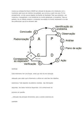 mostra sua utilidade.No Brasil o MASP já é utilizado há décadas e foi introduzido com o 
movimento pela busca da melhoria da qualidade que se iniciou a partir dos anos 70. Foi 
provavelmente um dos poucos legados da Gestão da Qualidade Total que sobreviveu aos 
modismos, à reengenharia e às turbulências do mundo globalizado e competitivo. Trata-se, 
portanto, de um método universal e conquistou seu espaço no mundo empresarial e na vida 
dos profissionais que já se utilizaram dele. 
SÍNTESE 
Cada ferramenta tem uma função, sendo que não há uma indicação 
adequada para saber qual a ferramenta a utilizar em cada fase dos trabalhos 
estatísticos. Tudo depende do problema envolvido, das informações 
adquiridas, dos dados históricos disponíveis e do conhecimento do 
processo em questão. 
_ Utilização das principais ferramentas para o controlo estatístico da 
qualidade 
 