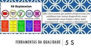 FERRAMENTAS DA QUALIDADE 5 S
São cinco sensos que podem proporcionar um
cotidiano com menos desperdício, mais
organizado, mais limpo e claro, mais
transparente, mais sincero e disciplinado.
 