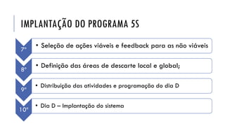 IMPLANTAÇÃO DO PROGRAMA 5S
7º
• Seleção de ações viáveis e feedback para as não viáveis
8º
• Definição das áreas de descarte local e global;
9º
• Distribuição das atividades e programação do dia D
10º
• Dia D – Implantação do sistema
 