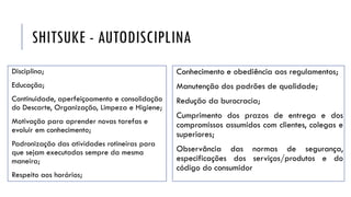 SHITSUKE - AUTODISCIPLINA
Disciplina;
Educação;
Continuidade, aperfeiçoamento e consolidação
do Descarte, Organização, Limpeza e Higiene;
Motivação para aprender novas tarefas e
evoluir em conhecimento;
Padronização das atividades rotineiras para
que sejam executadas sempre da mesma
maneira;
Respeito aos horários;
Conhecimento e obediência aos regulamentos;
Manutenção dos padrões de qualidade;
Redução da burocracia;
Cumprimento dos prazos de entrega e dos
compromissos assumidos com clientes, colegas e
superiores;
Observância das normas de segurança,
especificações dos serviços/produtos e do
código do consumidor
 