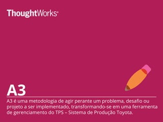 A3A3 é uma metodologia de agir perante um problema, desafio ou
projeto a ser implementado, transformando-se em uma ferramenta
de gerenciamento do TPS – Sistema de Produção Toyota.
 