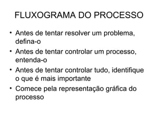 FLUXOGRAMA DO PROCESSO
• Antes de tentar resolver um problema,
defina-o
• Antes de tentar controlar um processo,
entenda-o
• Antes de tentar controlar tudo, identifique
o que é mais importante
• Comece pela representação gráfica do
processo
 