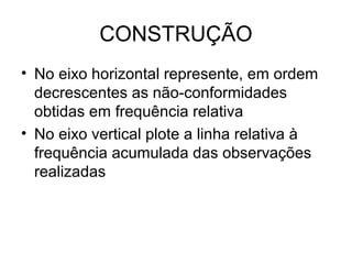 CONSTRUÇÃO
• No eixo horizontal represente, em ordem
decrescentes as não-conformidades
obtidas em frequência relativa
• No eixo vertical plote a linha relativa à
frequência acumulada das observações
realizadas
 