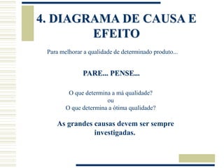 As grandes causas devem ser sempre
investigadas.
4. DIAGRAMA DE CAUSA E
EFEITO
Para melhorar a qualidade de determinado produto...
PARE... PENSE...
O que determina a má qualidade?
ou
O que determina a ótima qualidade?
 