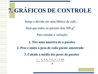 7. GRÁFICOS DE CONTROLE
Surge a dúvida em uma fábrica de café...
Será que todos os pacotes têm 500 g?
Para estudar a variação:
1. Tire uma amostra de n pacotes
2. Pese e anote o peso de cada pacote amostrado
3. Calcule a média dos pesos do pacotes
n
xn
x
x
x
x





...
3
2
1
 