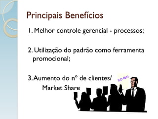 Principais Benefícios
1. Melhor controle gerencial - processos;
2. Utilização do padrão como ferramenta
promocional;
3.Aumento do nº de clientes/
Market Share
 