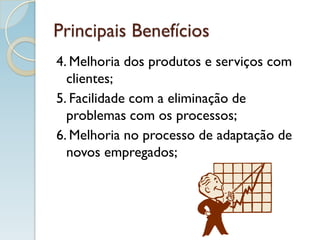 Principais Benefícios
4. Melhoria dos produtos e serviços com
clientes;
5. Facilidade com a eliminação de
problemas com os processos;
6. Melhoria no processo de adaptação de
novos empregados;
 