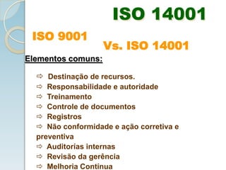 ISO 14001
ISO 9001
Elementos comuns:
 Destinação de recursos.
 Responsabilidade e autoridade
 Treinamento
 Controle de documentos
 Registros
 Não conformidade e ação corretiva e
preventiva
 Auditorías internas
 Revisão da gerência
 Melhoria Contínua
Vs. ISO 14001
 