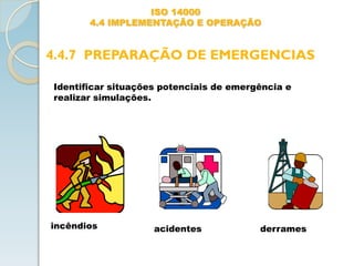 ISO 14000
4.4 IMPLEMENTAÇÃO E OPERAÇÃO
4.4.7 PREPARAÇÃO DE EMERGENCIAS
Identificar situações potenciais de emergência e
realizar simulações.
incêndios acidentes derrames
 